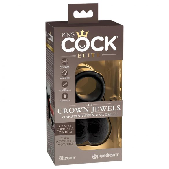 King Cock Elite Crown Jewels - njišući testis, vibrirajući prsten za penis (crni)