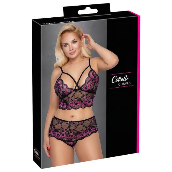 Cottelli Plus Size - cvjetni grudnjak set (crno-ljubičasti)