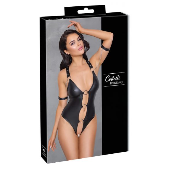 Cottelli Bondage - sjajni, prstenasti, otvoreni body (crni) - L