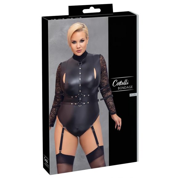 Cottelli Bondage Plus Size - čipkasti body s rukavima (crni)